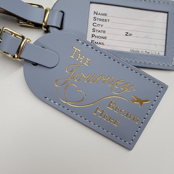 The Journey Begins Here with heart - Luggage Tag Gifts - Traveler - Wedding - Birthday & More! Made in the USA!