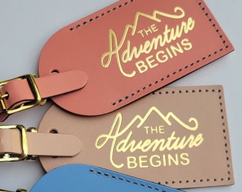 The adventure begins with Mountains Luggage Tag - Gifts - Traveler - Wedding - Birthday - Shower & More!