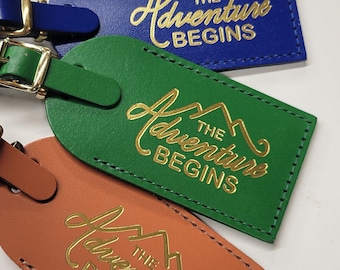 The adventure begins with Mountains Luggage Tag - Gifts - Traveler - Wedding - Birthday - Shower & More!