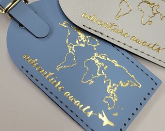 adventure awaits with plane - Outline of World Map Luggage Tag Gifts - Traveler - Wedding - Birthday & More! Made in Massachusetts!