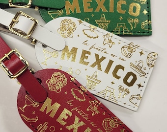 la fiesta es en MEXICO - the party is in Mexico - luggage tag made in the usa Currys Leather