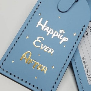 Happily Ever After in Disney Luggage Tags Made by CurrysLeather Baby Blue GOLD