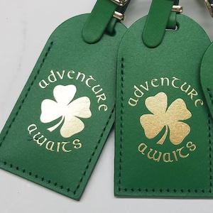 Adventure Awaits with Shamrock Luggage Tag Gifts Traveler Wedding Birthday Baby Shower & More CurrysLeather Kelly Green w/ GOLD