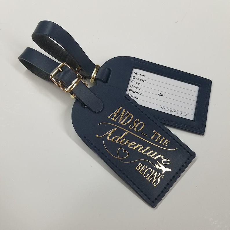 Heart Loop And so the adventure begins Luggage Tag Gifts Traveler Wedding Birthday & More Made in Massachusetts Navy with GOLD