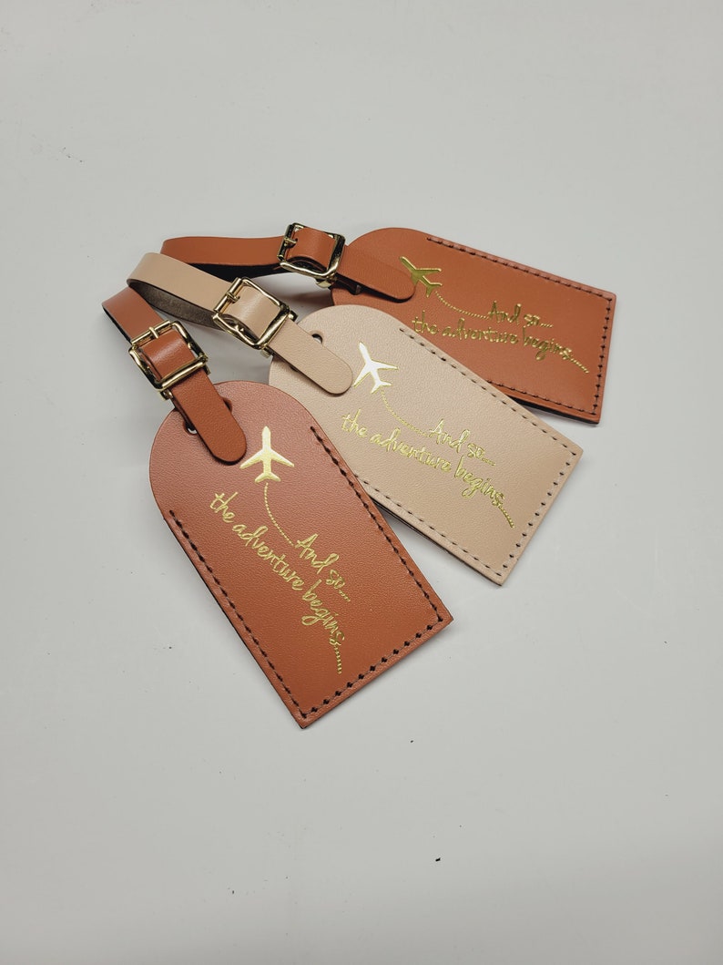 And so the adventure begins Luggage Tag Gifts Traveler Wedding Birthday & More Made in the USA Burnt Sienna GOLD