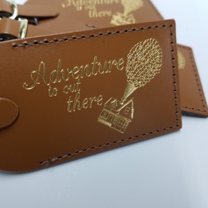 Adventure is Out There Disney UP Luggage Tag Gifts Traveler Wedding Birthday Shower & More Made in Massachusetts Tan with GOLD