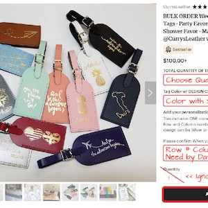 May include: A variety of leather luggage tags with different designs and colors. The tags are displayed on a white background with a text overlay that says "Bulk Order Wedding Favor Luggage Tags - Party Favor - Birthday Favor - Shower Favor - Made in the USA @CurrysLeather with Standard Design". The text also includes the price "$100.00+" and a button that says "Add to cart".