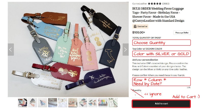 May include: A variety of leather luggage tags with different designs and colors. The tags are displayed on a white background with a text overlay that says "Bulk Order Wedding Favor Luggage Tags - Party Favor - Birthday Favor - Shower Favor - Made in the USA @CurrysLeather with Standard Design". The text also includes the price "$100.00+" and a button that says "Add to cart".