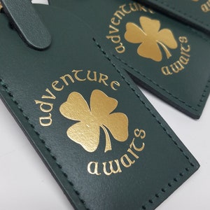 Adventure Awaits with Shamrock Luggage Tag Gifts Traveler Wedding Birthday Baby Shower & More CurrysLeather Hunter Green GOLD