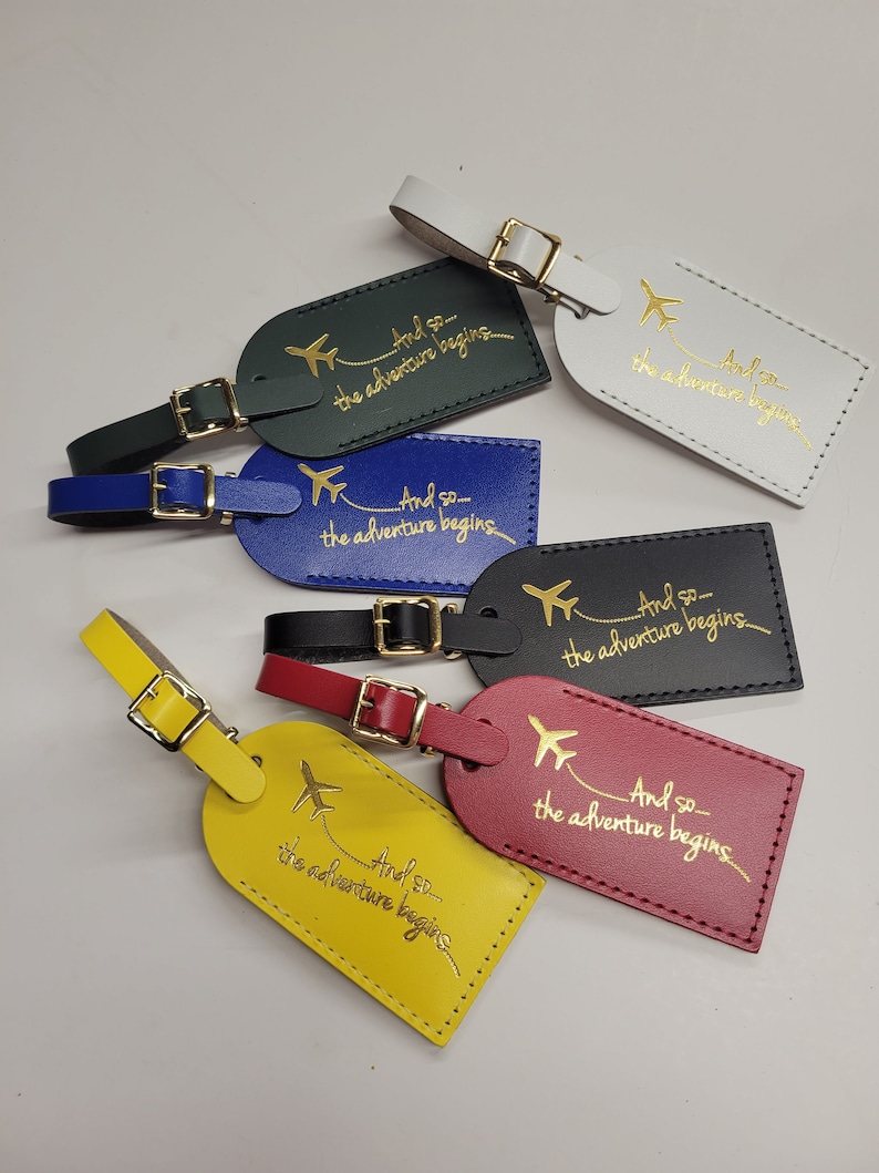 And so the adventure begins Luggage Tag Gifts Traveler Wedding Birthday & More Made in the USA Sunny Yellow GOLD