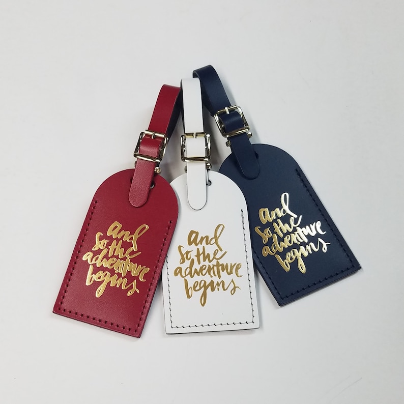 and so the adventure begins Luggage Tag Gifts Traveler Wedding Birthday & More Made in the USA Red with GOLD