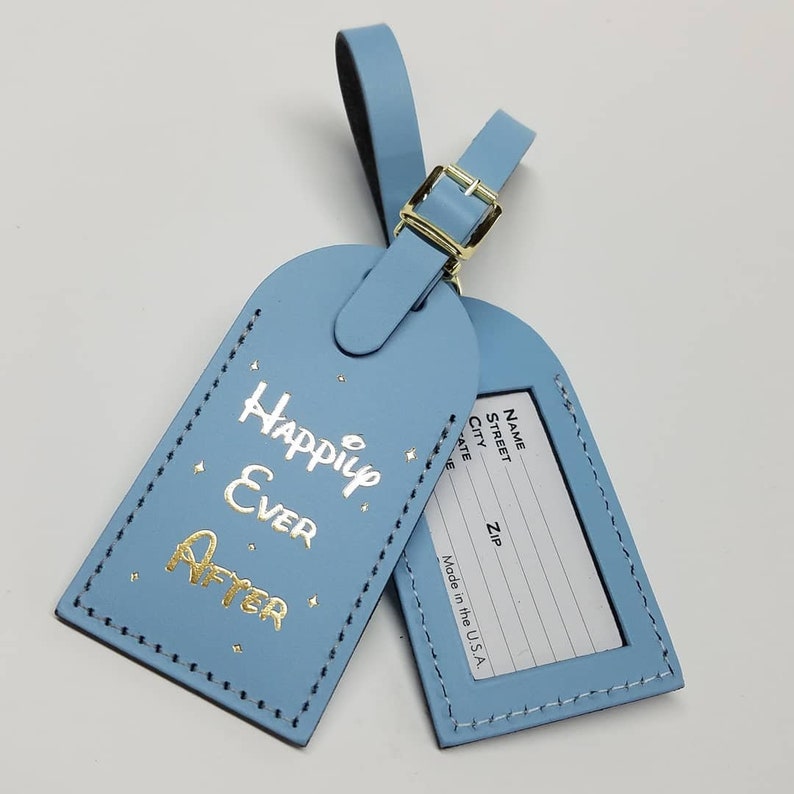 Happily Ever After in Disney Luggage Tags Made by CurrysLeather Baby Blue GOLD