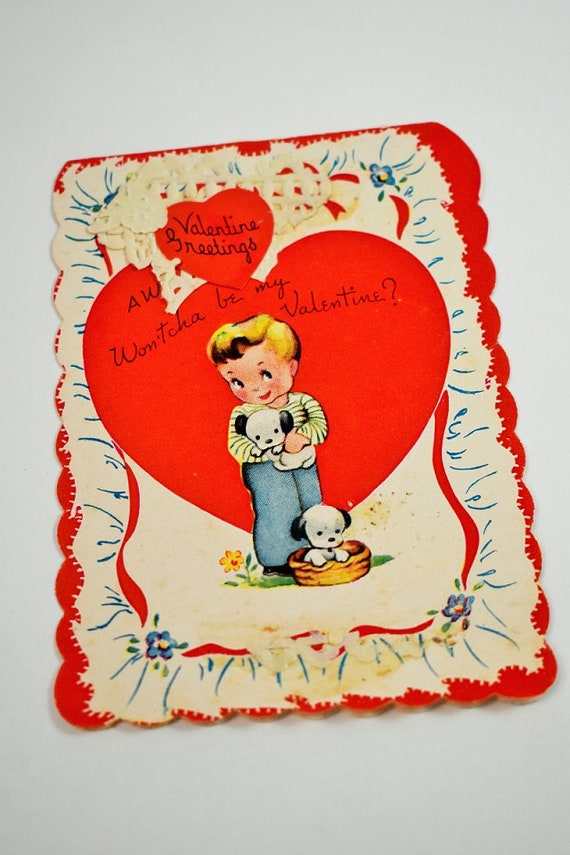 Vintage Valentine\u0027s Day card,Boy and puppies,Vintage cards,Vintage Valentine decor,Valentine Cards,Paper Ephemera,Febuary 14th