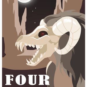 May include: Poster with a stylized illustration of a creature skull with large horns, set against a night sky with a full moon and desert landscape. Text includes "Hiking, Witchcraft, Fishing" and "Four Corners Crytozoological Park."