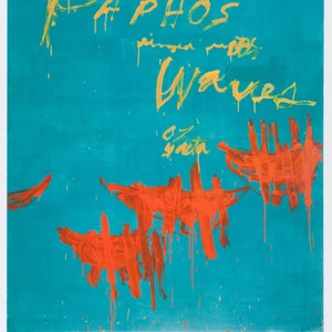 Cy Twombly, cartel original de la exposición de la galería que sale de Paphos rodeado de olas Litografía offset
