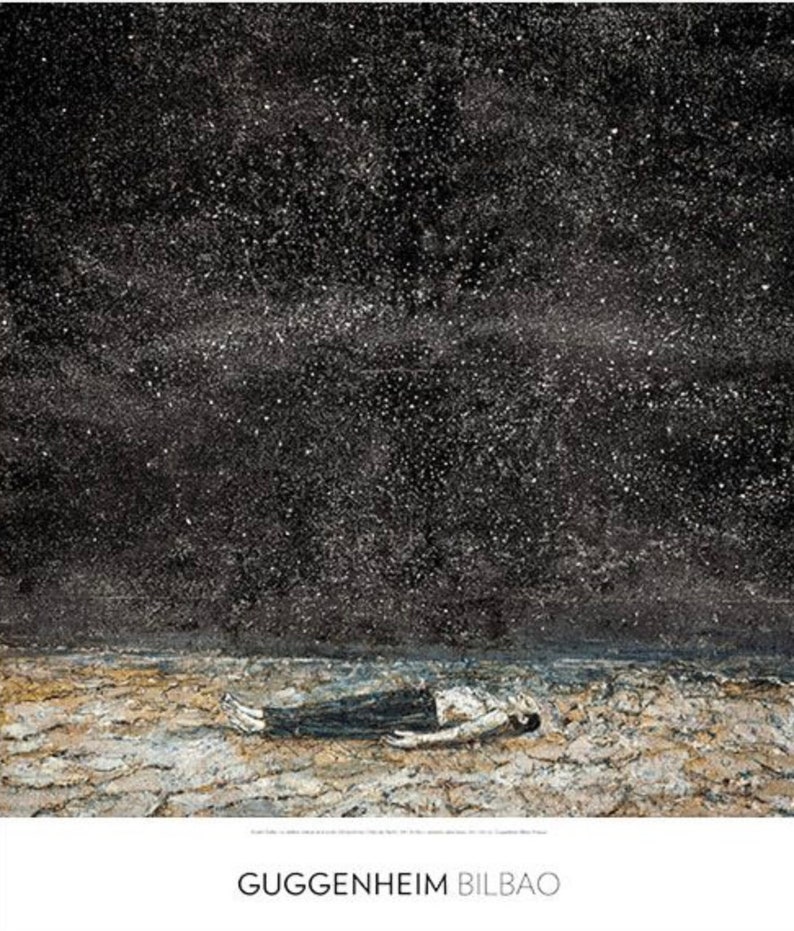 Anselm kiefer original museum gallery exhibition poster Featuring the artwork The renowned orders of the night. A stunning artwork of a man laying in a landscape looking to the stars above.