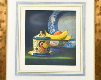 Terrence Millington Original Signed Limited Edition Colour Etching Still Life With Fruit and Bowl Gallery Framed and Mounted.