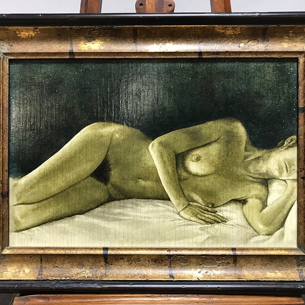 Trevor Neal 1947- Original Oil on board. Nude. Monogrammed and stamped with artist name. With original gallery label Stunning piece