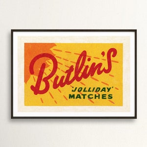 Butlin&#39;s Holidays Art Print | Retro Sun Vacation Poster | Vintage Matchbox Label Wall Art