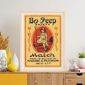 Bo-Peep Safety Matches Art Print | Grand | d’art mural rétro Affiche de l’étiquette Vintage Matchbox