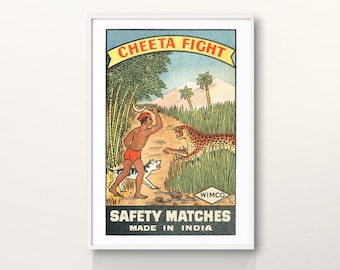 Cheeta Fight Art Print - Vintage Indian Wall Art | Retro Cheetah Poster