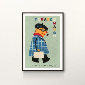 May include: A vintage illustration of a man in a blue plaid coat and a beret holding a white briefcase. The text "TOBACCO MATCH HARIMA MATCH CO., LTD." is printed below the illustration.