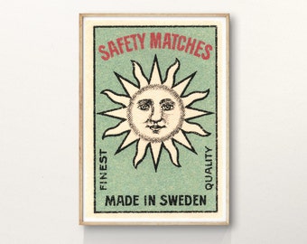 Vintage Sun Print | Retro Swedish Matchbox Label Art