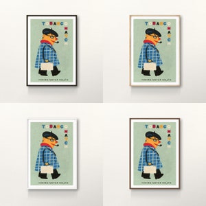 May include: A vintage illustration of a man in a blue and white plaid coat, a beret, and glasses, holding a briefcase. The illustration is surrounded by a green background with the text "TOBACCO MATCH HARIMA MATCH CO.LTD." in colorful letters.