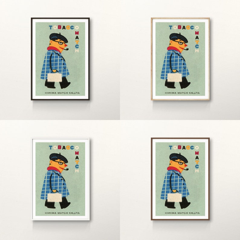 May include: A vintage illustration of a man in a blue and white plaid coat, a beret, and glasses, holding a briefcase. The illustration is surrounded by a green background with the text "TOBACCO MATCH HARIMA MATCH CO.LTD." in colorful letters.