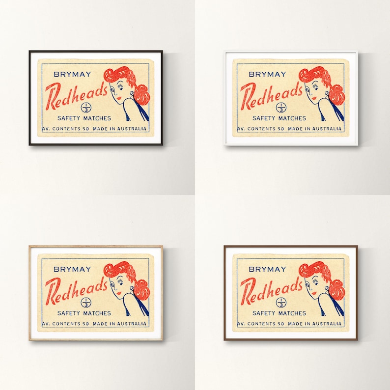 May include: A vintage matchbox label with a red and white illustration of a woman with red hair. The label reads "BRYMAY Redheads Safety Matches AV. CONTENTS 50 MADE IN AUSTRALIA".
