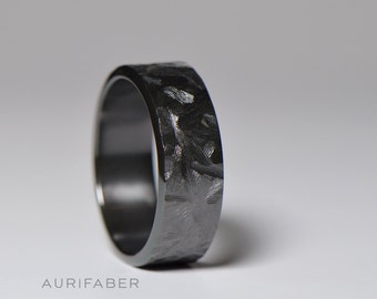 Black zirconium ring with chainsaw file finish. Rough texture band. Unique mens ring. Gift for lumberjack. Rough finish texture.
