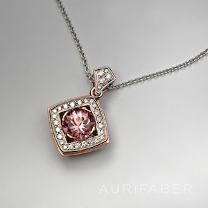 Pink Tourmaline pendant with diamonds. 14k white gold and red gold necklace with pink tourmaline and diamonds. Unique jewelry.