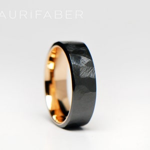 Forged zirconium ring with gold inside. Rough surface zirconium band with yellow gold or rosé gold. Two-tone band. 7mm wide. image 1