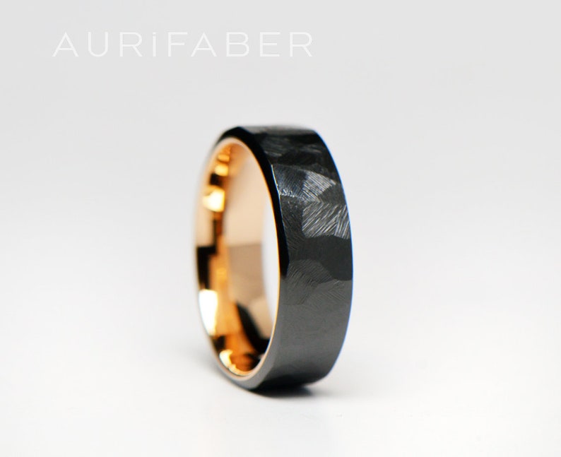 Forged zirconium ring with gold inside. Rough surface zirconium band with yellow gold or rosé gold. Two-tone band. 7mm wide. image 1