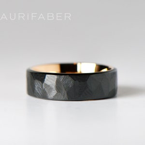 Forged zirconium ring with gold inside. Rough surface zirconium band with yellow gold or rosé gold. Two-tone band. 7mm wide. image 2