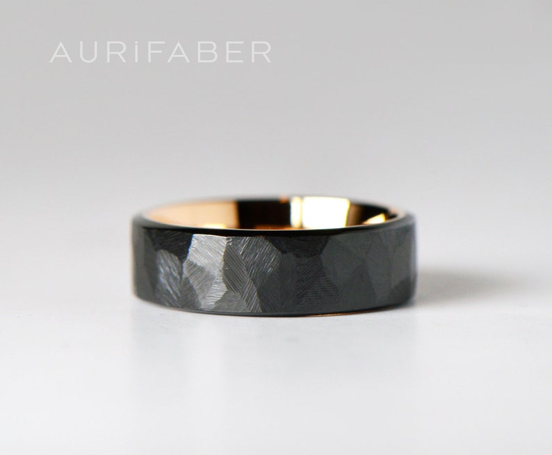 Forged zirconium ring with gold inside. Rough surface zirconium band with yellow gold or rosé gold. Two-tone band. 7mm wide. image 2