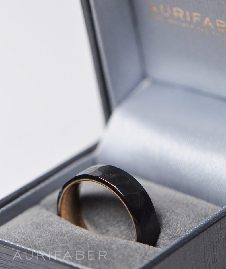 Forged zirconium ring with gold inside. Rough surface zirconium band with yellow gold or rosé gold. Two-tone band. 7mm wide. image 3