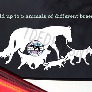 Custom ‘Pet Family’ Decal - Up to 5 Different Animals Walking with Horse on Lead - Car/Trailer/Bucket/Tumbler - Equestrian Sticker