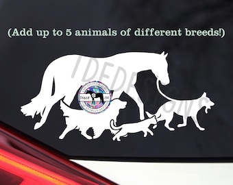 Custom ‘Pet Family’ Decal - Up to 5 Different Animals Walking with Horse on Lead - Car/Trailer/Bucket/Tumbler - Equestrian Sticker