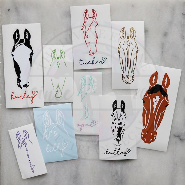 Horse Head with Custom Face Markings and Name - Different Styles - Horse Portrait Vinyl Decal -Equestrian Sticker (Car/Trailer/Bucket, etc.)