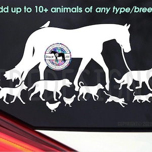 Pet Family Decal - Up to 10+ Custom-Made Animals Walking with Horse on Lead - Custom Markings Option -Car/Trailer/Bucket/Tumbler - Sticker