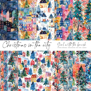May include: A digital paper pack with 10 seamless patterns featuring a watercolour illustration of a winter city with houses, trees, and snow. The patterns are in a variety of colours, including blue, green, red, and yellow. The text "Christmas in the city" and "Girl with the brush" is included in the image.