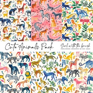 Cute Animals Kids Seamless Patterns - Bundle of 6 patterns - Seamless Pattern Repeating File Printable Dainty Florals Commercial Use