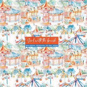 May include: A seamless pattern featuring a watercolour illustration of a colourful carnival with a carousel, swings, and other rides. The background is a light blue watercolour wash.
