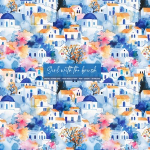 Aquarelle de Santorin, Grèce, impression de fichier répétitif sans couture pour l'impression sur tissu, utilisation commerciale par sublimation