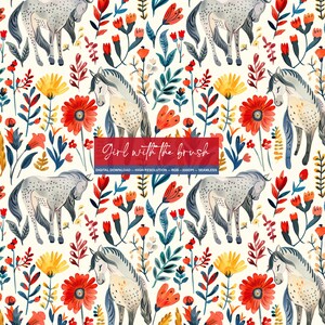 May include: A seamless pattern featuring watercolour illustrations of horses and flowers. The horses are grey with white markings and are surrounded by red, yellow, blue and green flowers. The text "Girl with the brush" is written in a white box on a red background.