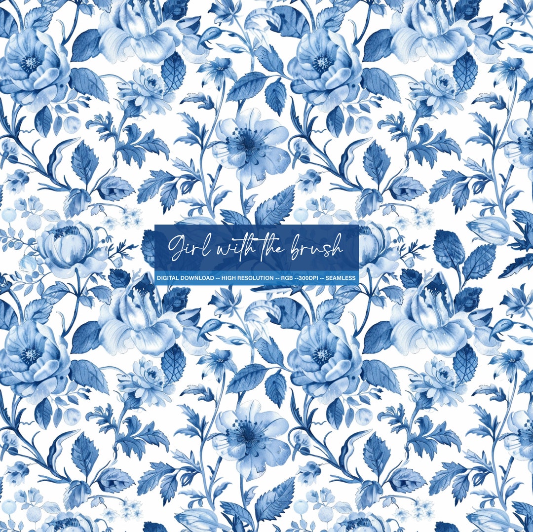 Vintage French Blue Floral Toile De Jouy Digital Paper, Seamless ...