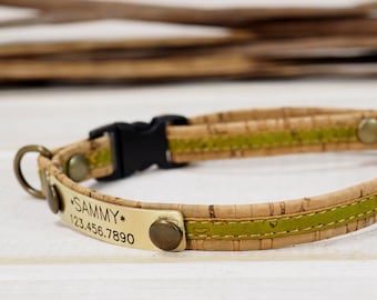 Breakaway Cat Collar Personalized with Name ID Tag, Customized Light Olive Green Vegan Cork Collar for Cat, Kitten & Small Dogs