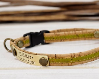 Breakaway Cat Collar Personalized with Name ID Tag, Customized Light Olive Green Vegan Cork Collar for Cat, Kitten & Small Dogs