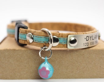 Cat Collar with Bell - Personalized with Name ID Tag, in Sky Blue and Tan Cork, Custom and Soft for Cat, Kitten or Small Dog